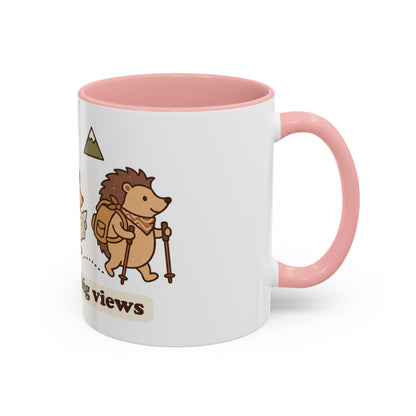 Cute Hedgehog Hiking Ceramic Coffee Mug — Tiny Steps Big Views Accent Cup for Camping & Travel Lovers