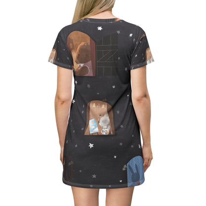 Women's Nighttime Window T-Shirt Dress - Starry Night Animal Scene