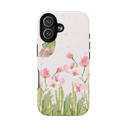Floral Butterfly Magnetic Phone Case – Pink Wildflower Shockproof Cover