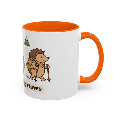 Cute Hedgehog Hiking Ceramic Coffee Mug — Tiny Steps Big Views Accent Cup for Camping & Travel Lovers