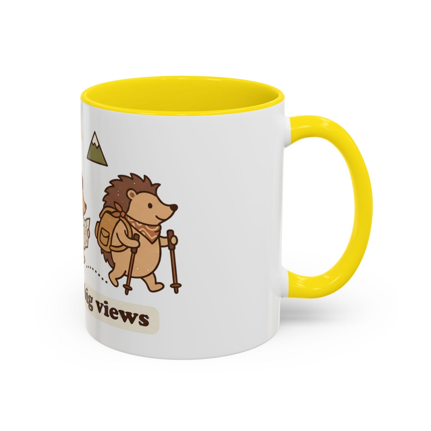 Cute Hedgehog Hiking Ceramic Coffee Mug — Tiny Steps Big Views Accent Cup for Camping & Travel Lovers