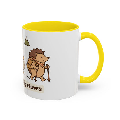 Cute Hedgehog Hiking Ceramic Coffee Mug — Tiny Steps Big Views Accent Cup for Camping & Travel Lovers