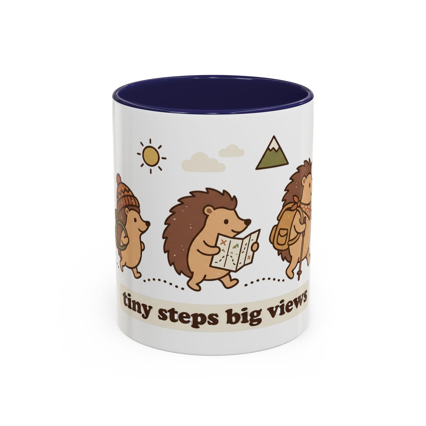 Cute Hedgehog Hiking Ceramic Coffee Mug — Tiny Steps Big Views Accent Cup for Camping & Travel Lovers