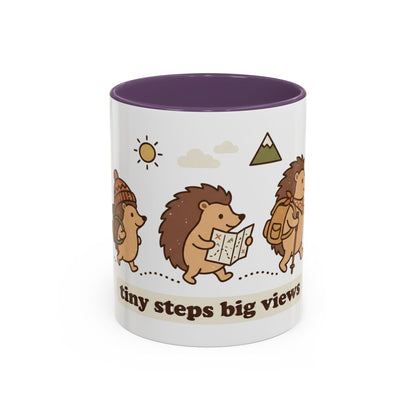Cute Hedgehog Hiking Ceramic Coffee Mug — Tiny Steps Big Views Accent Cup for Camping & Travel Lovers