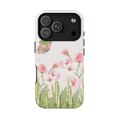 Floral Butterfly Magnetic Phone Case – Pink Wildflower Shockproof Cover