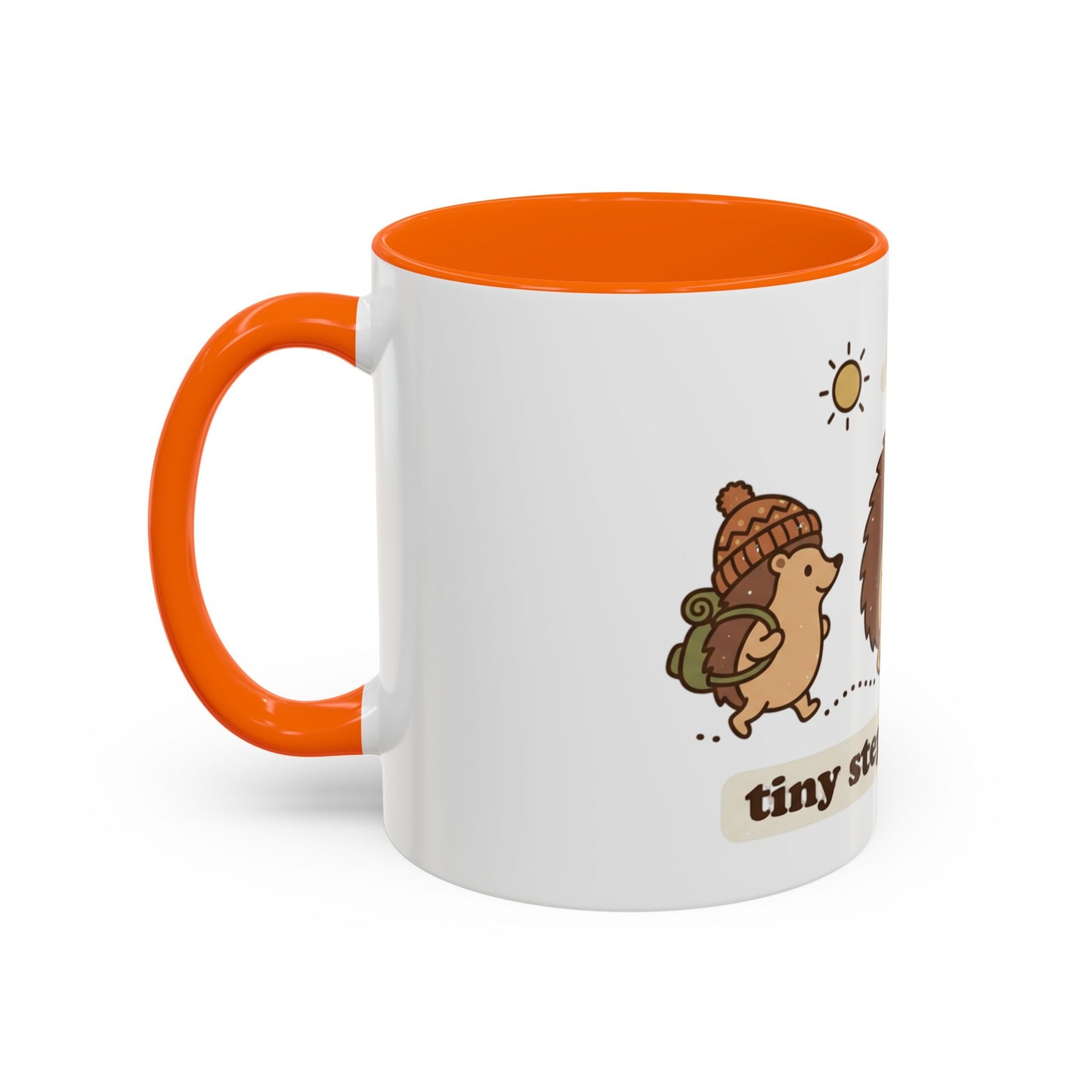 Cute Hedgehog Hiking Ceramic Coffee Mug — Tiny Steps Big Views Accent Cup for Camping & Travel Lovers