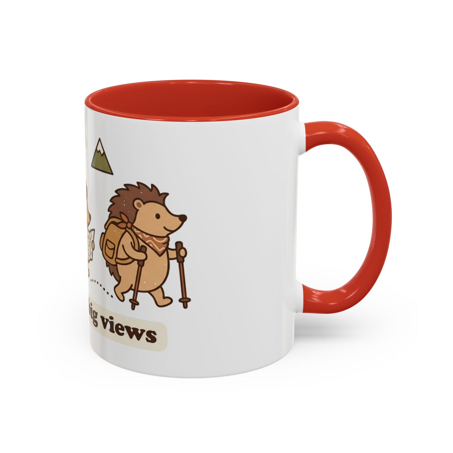 Cute Hedgehog Hiking Ceramic Coffee Mug — Tiny Steps Big Views Accent Cup for Camping & Travel Lovers