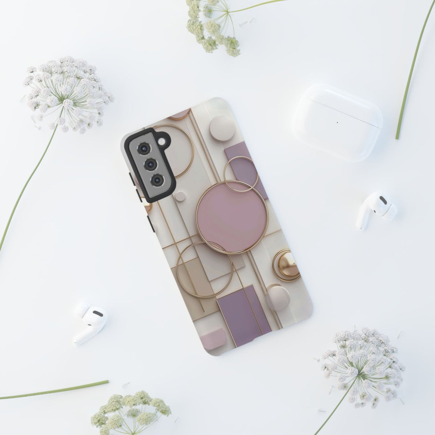 Geometric Pastel Tough Phone Case – Pink & Gold Abstract Circles