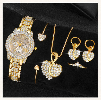 Luxury Women's Gold Quartz Watch Set With Matching Necklace, Ring & Earnings