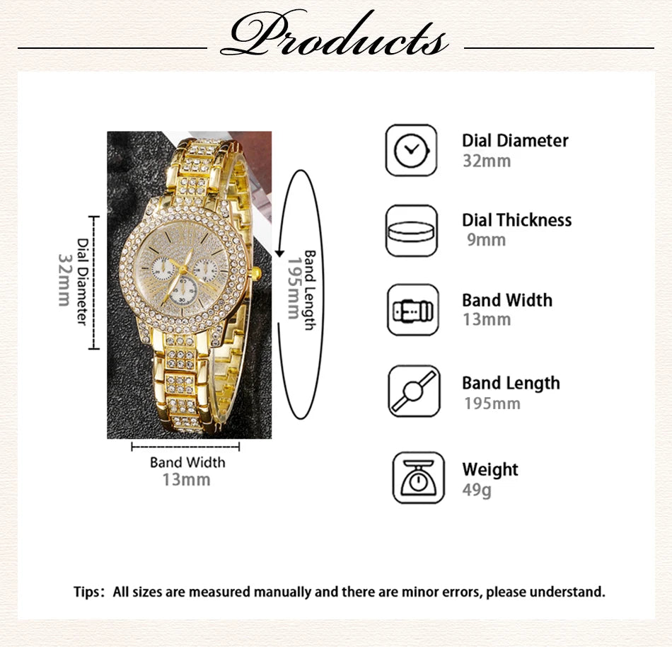 Luxury Women's Gold Quartz Watch Set With Matching Necklace, Ring & Earnings