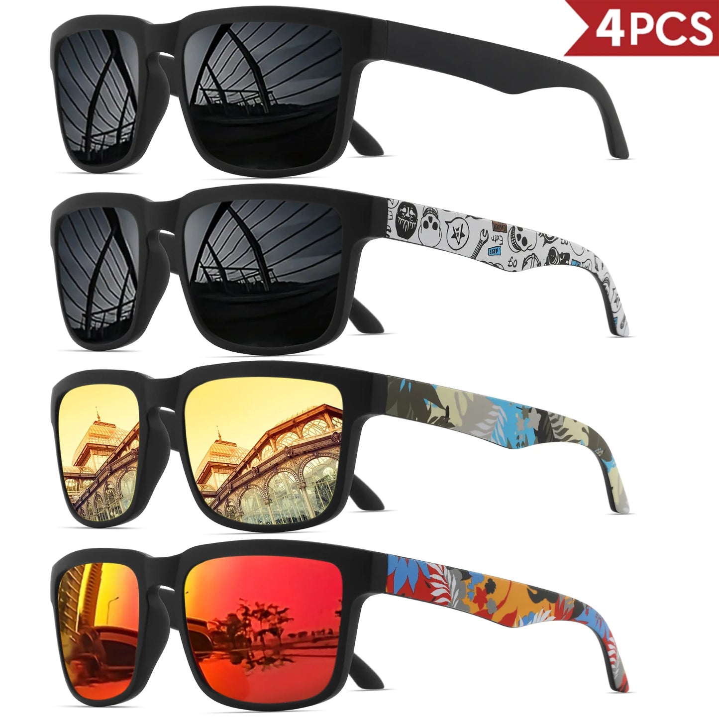 VEGUEROS 4-Pack Square Sports Sunglasses - UV400 Protection Unisex Eyewear for Men & Women