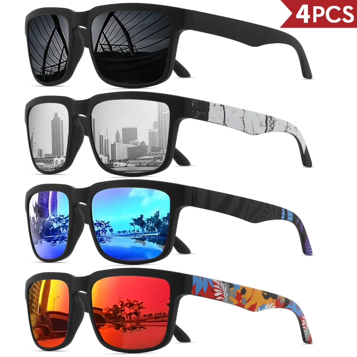 VEGUEROS 4-Pack Square Sports Sunglasses - UV400 Protection Unisex Eyewear for Men & Women