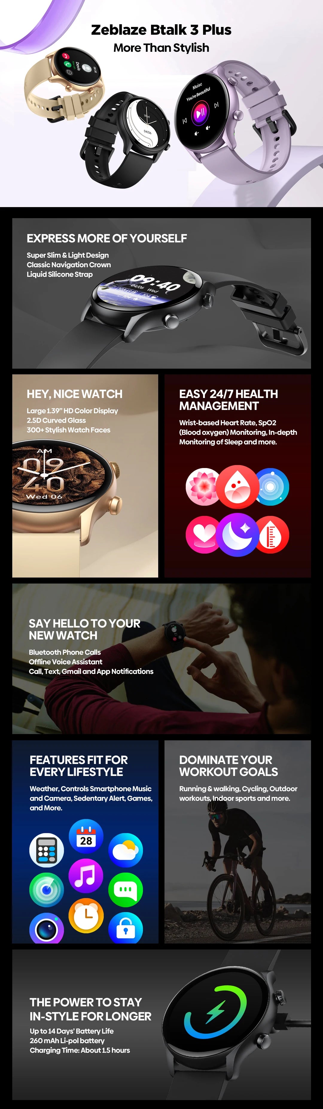 Zeblaze Btalk 3 Plus Smart Watch - 1.39" HD Touchscreen Bluetooth Calling Smartwatch for Men & Women
