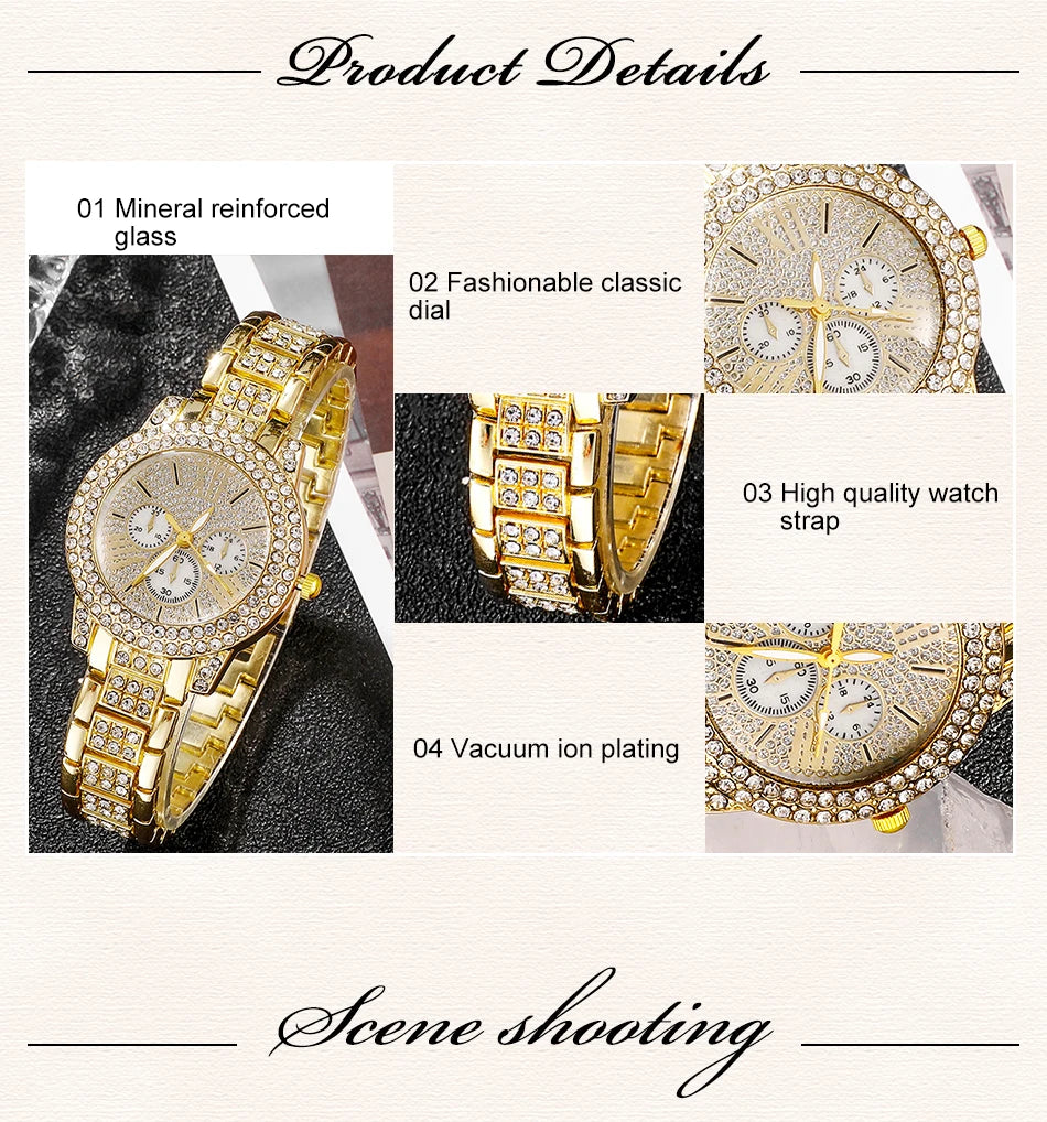 Luxury Women's Gold Quartz Watch Set With Matching Necklace, Ring & Earnings