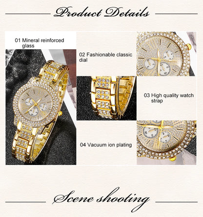 Luxury Women's Gold Quartz Watch Set With Matching Necklace, Ring & Earnings