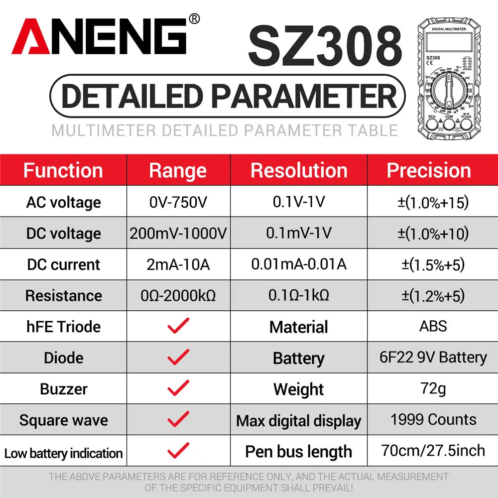 ANENG SZ308 Digital Multimeter - Professional AC/DC Voltage Tester With Backlight LCD Display
