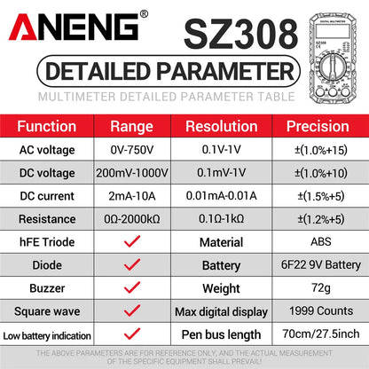 ANENG SZ308 Digital Multimeter - Professional AC/DC Voltage Tester With Backlight LCD Display