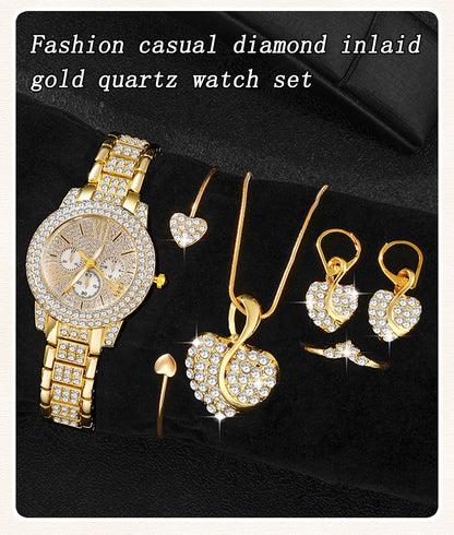 Luxury Women's Gold Quartz Watch Set With Matching Necklace, Ring & Earnings
