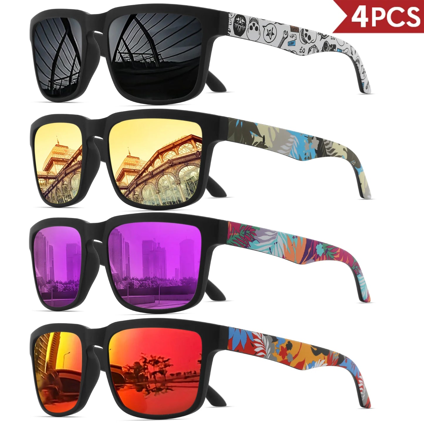 VEGUEROS 4-Pack Square Sports Sunglasses - UV400 Protection Unisex Eyewear for Men & Women