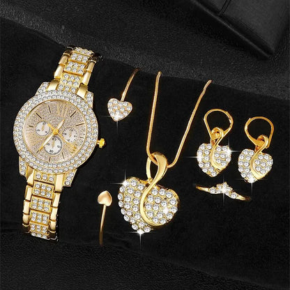 Luxury Women's Gold Quartz Watch Set With Matching Necklace, Ring & Earnings