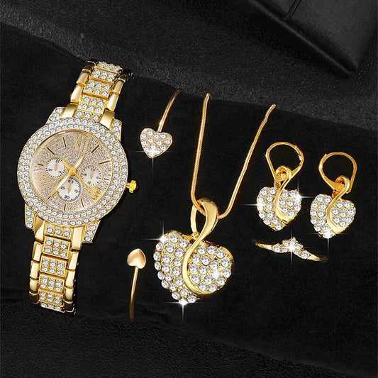 Luxury Women's Gold Quartz Watch Set With Matching Necklace, Ring & Earnings