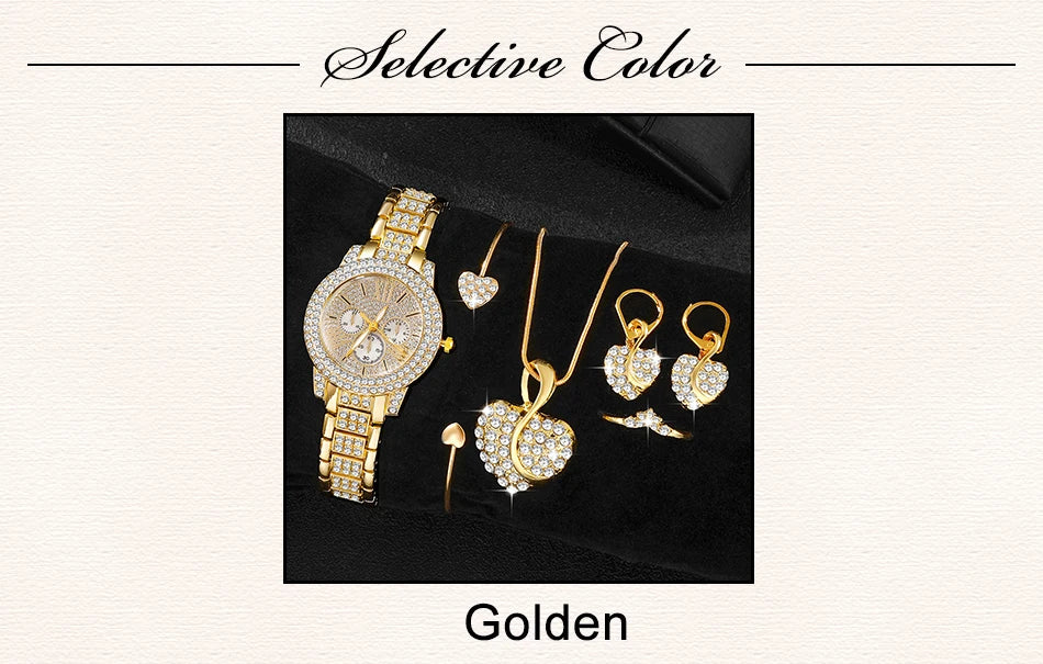 Luxury Women's Gold Quartz Watch Set With Matching Necklace, Ring & Earnings