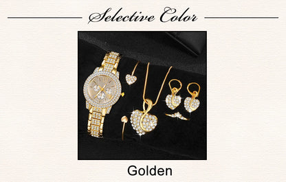 Luxury Women's Gold Quartz Watch Set With Matching Necklace, Ring & Earnings