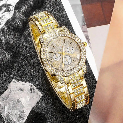 Luxury Women's Gold Quartz Watch Set With Matching Necklace, Ring & Earnings