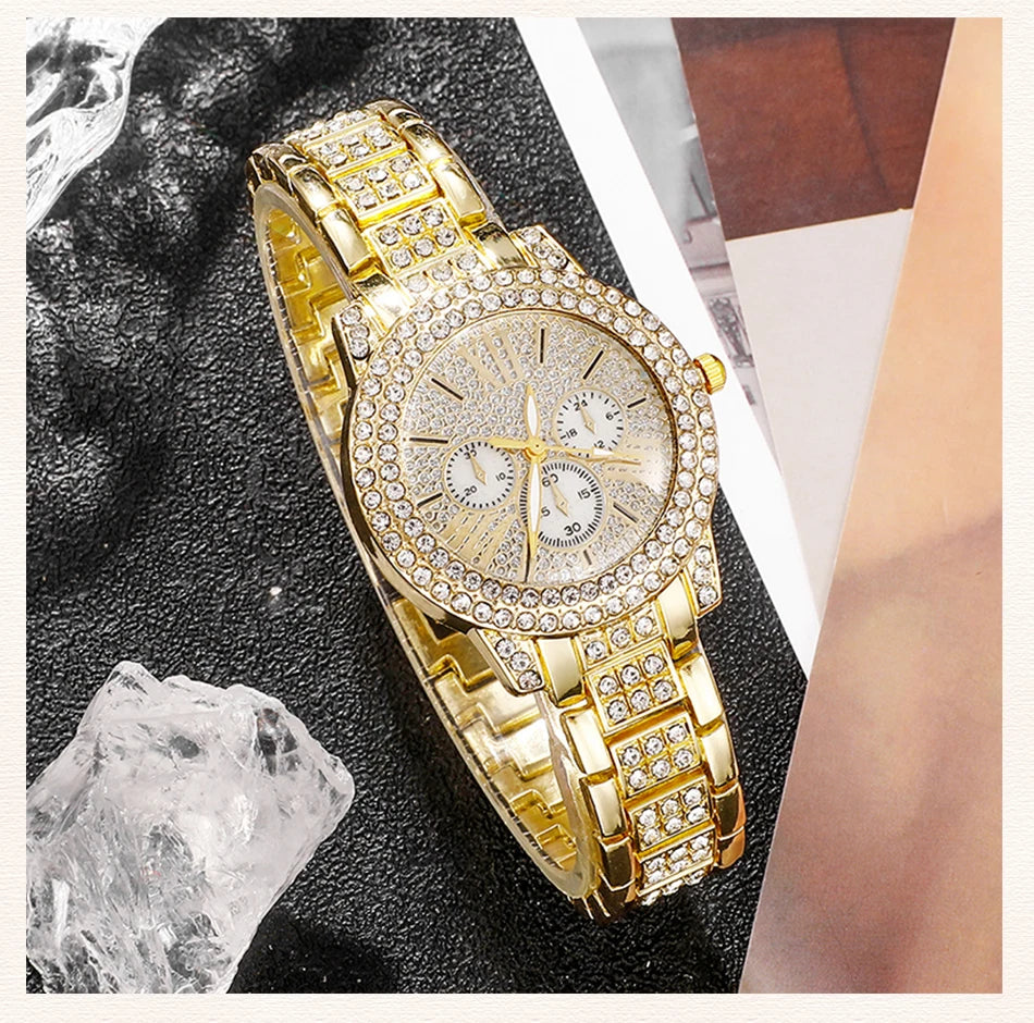 Luxury Women's Gold Quartz Watch Set With Matching Necklace, Ring & Earnings