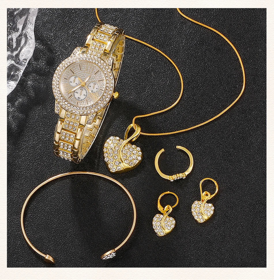 Luxury Women's Gold Quartz Watch Set With Matching Necklace, Ring & Earnings