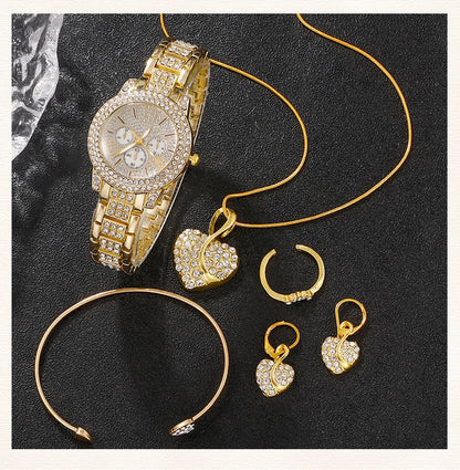 Luxury Women's Gold Quartz Watch Set With Matching Necklace, Ring & Earnings