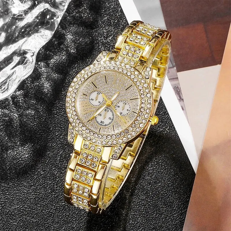 Luxury Women's Gold Quartz Watch Set With Matching Necklace, Ring & Earnings