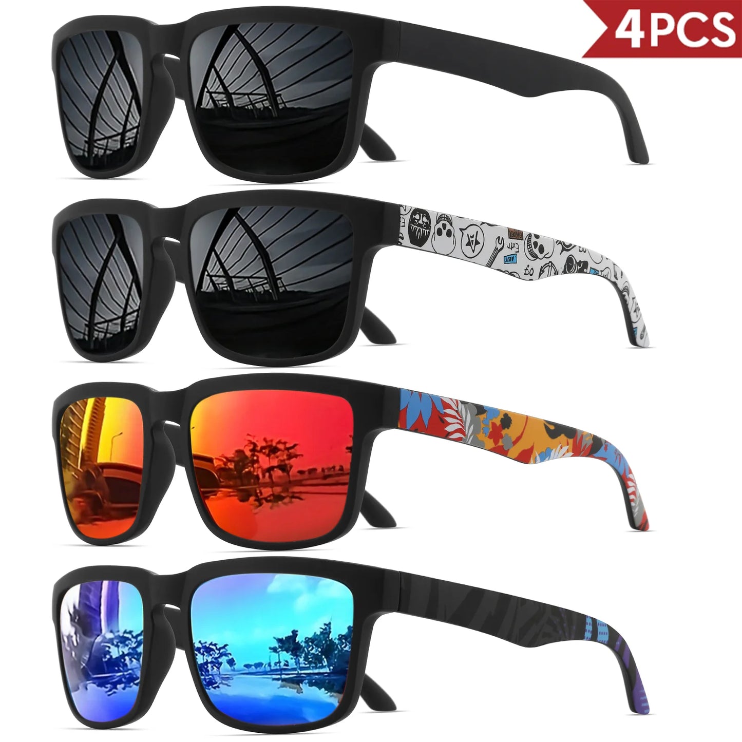 VEGUEROS 4-Pack Square Sports Sunglasses - UV400 Protection Unisex Eyewear for Men & Women