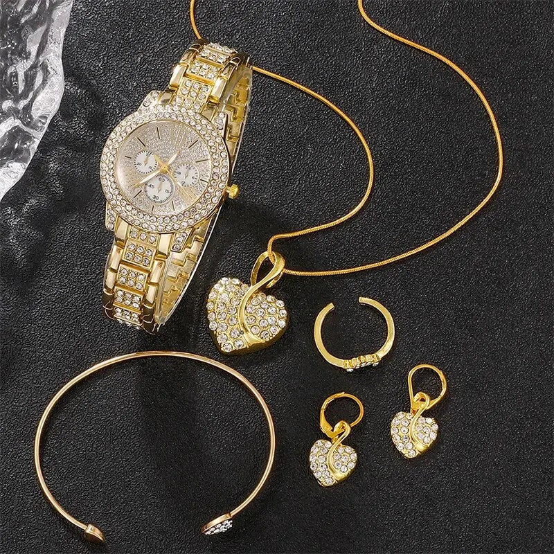 Luxury Women's Gold Quartz Watch Set With Matching Necklace, Ring & Earnings