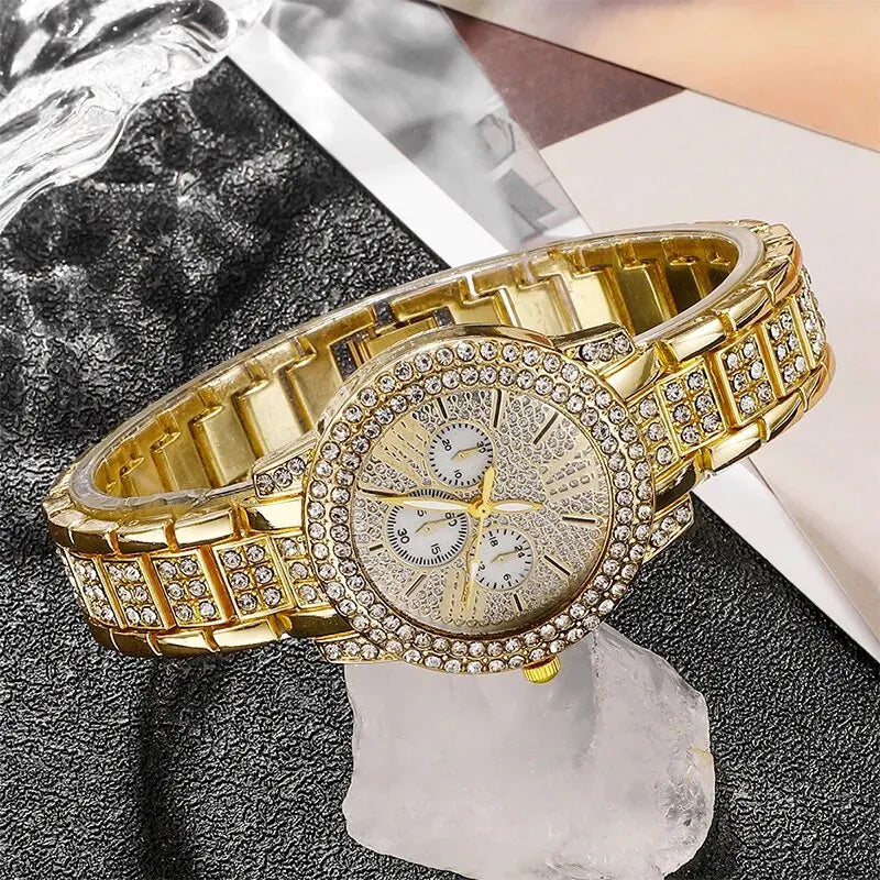Luxury Women's Gold Quartz Watch Set With Matching Necklace, Ring & Earnings