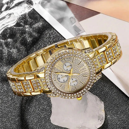 Luxury Women's Gold Quartz Watch Set With Matching Necklace, Ring & Earnings
