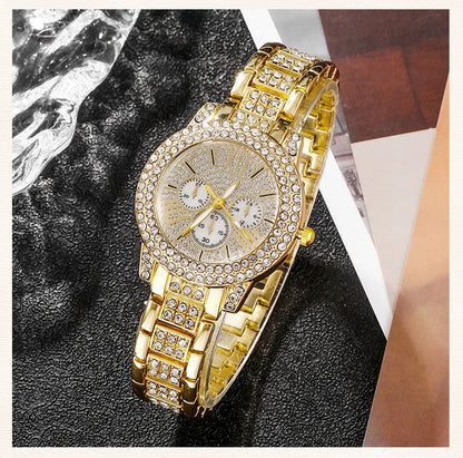 Luxury Women's Gold Quartz Watch Set With Matching Necklace, Ring & Earnings