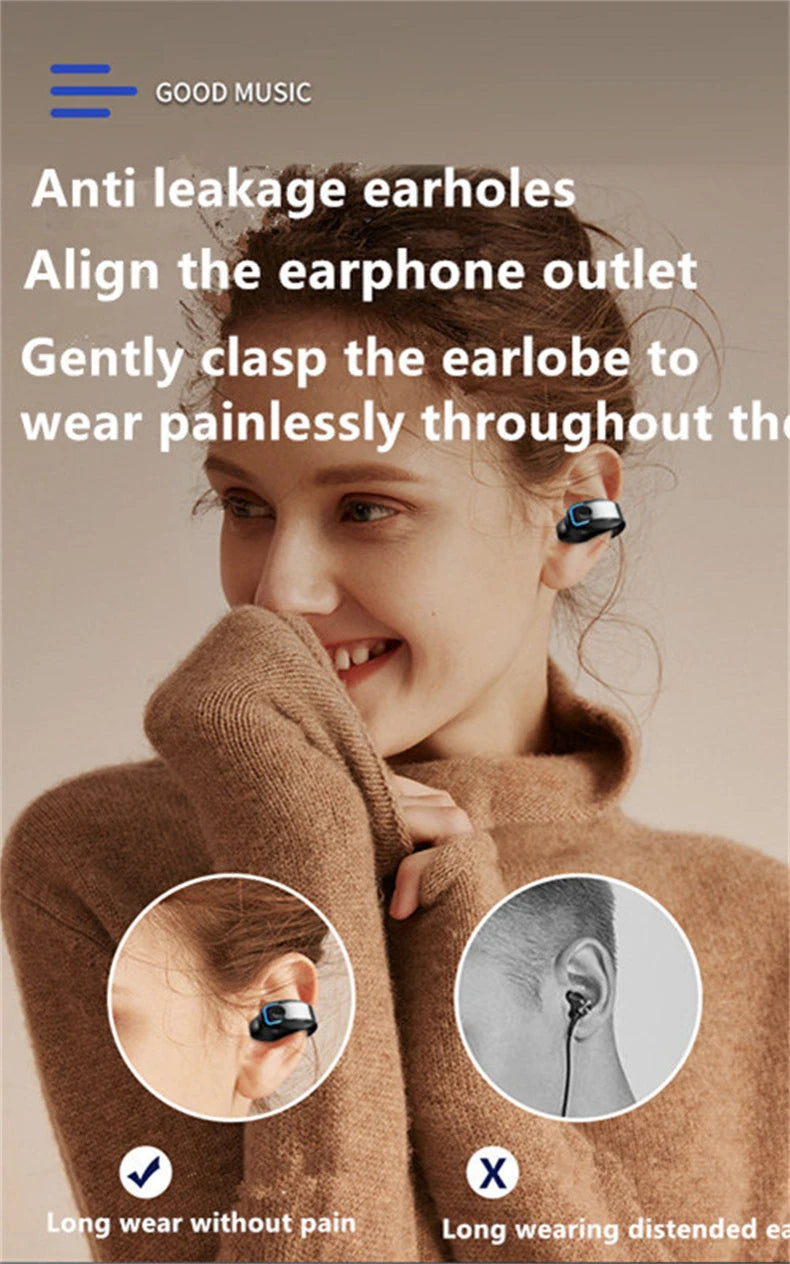 Clip-On Wireless Bluetooth Earphones - Open - Ear Sports Earbuds Bone Conduction Style TWS Headset
