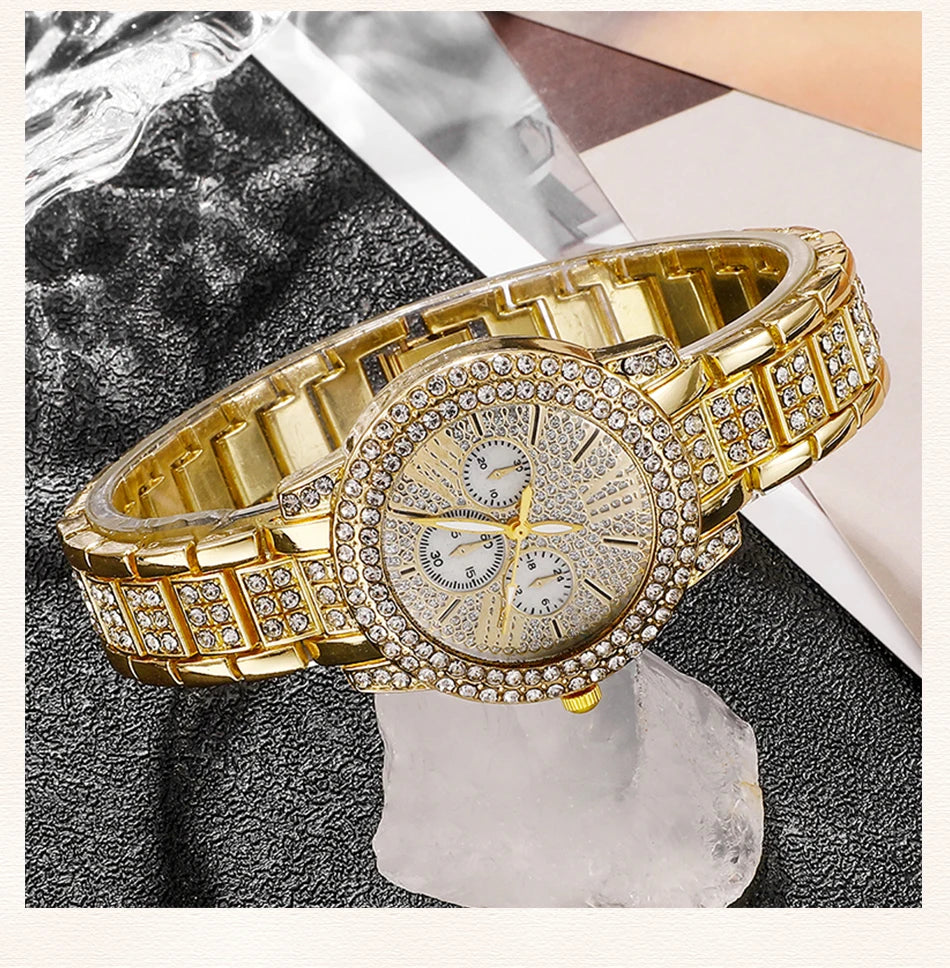 Luxury Women's Gold Quartz Watch Set With Matching Necklace, Ring & Earnings