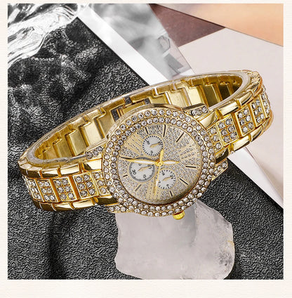 Luxury Women's Gold Quartz Watch Set With Matching Necklace, Ring & Earnings