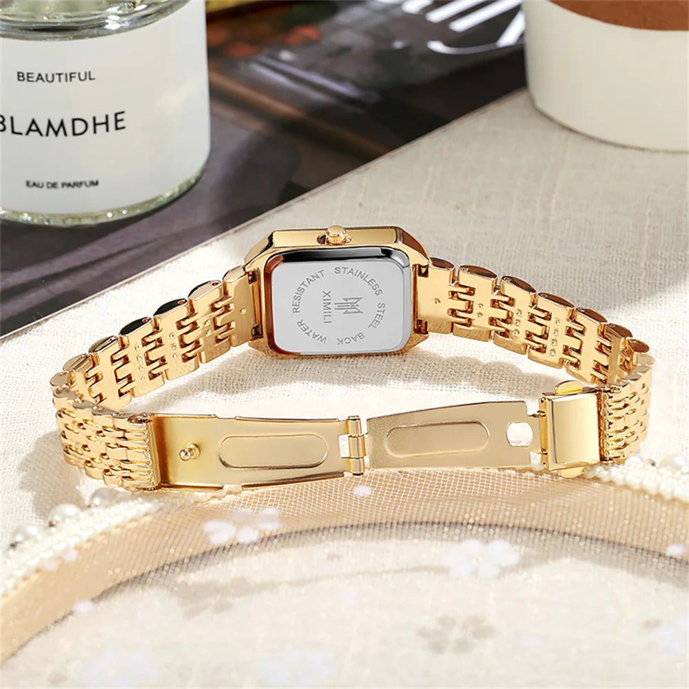 ZHOWE Luxury Gold Plated Women Watches - Elegant Vintage Rectangle Quartz Dress Wristwatch